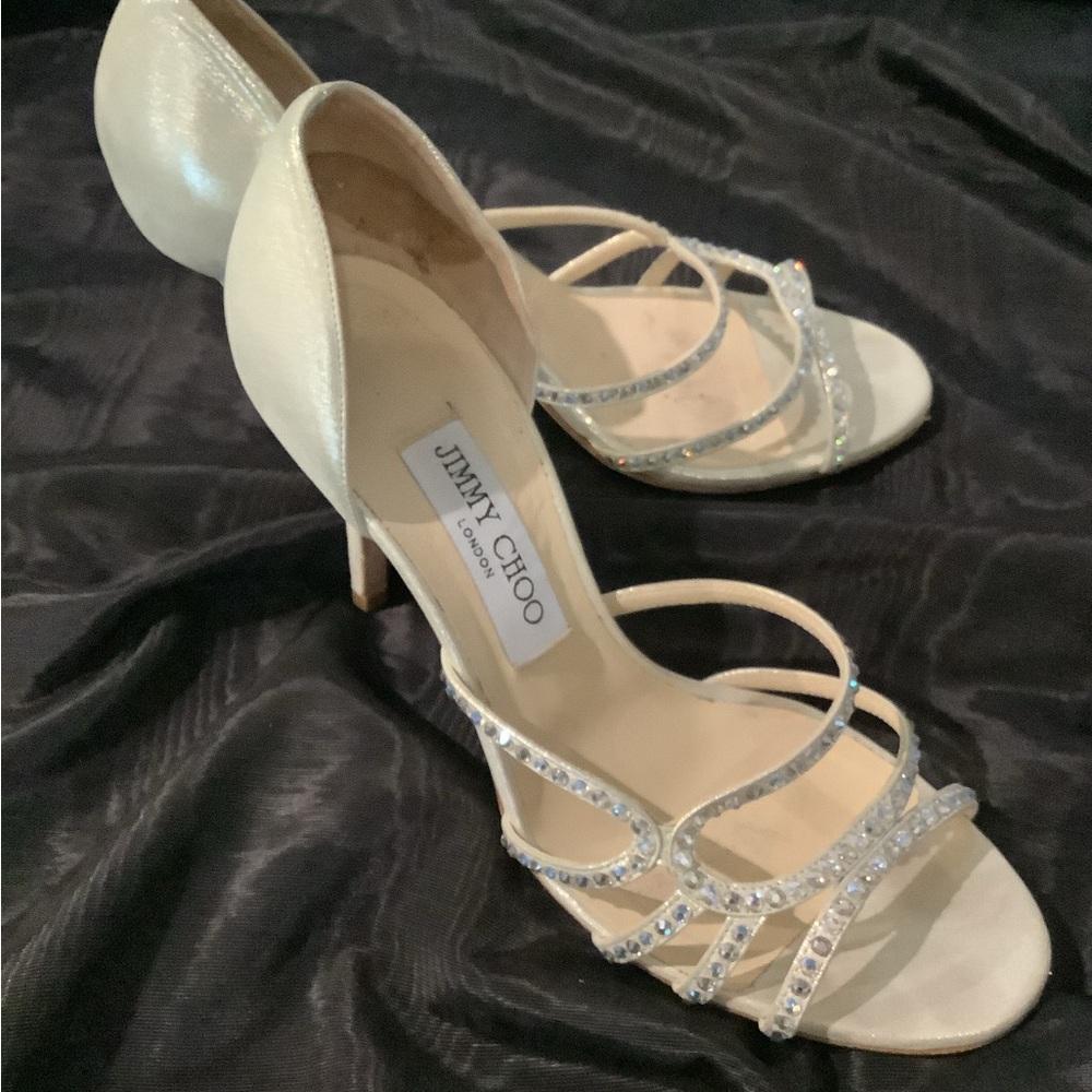 Jimmy Choo pearlescent strappy shoes embellished with crystals. Size 37 1/2.
